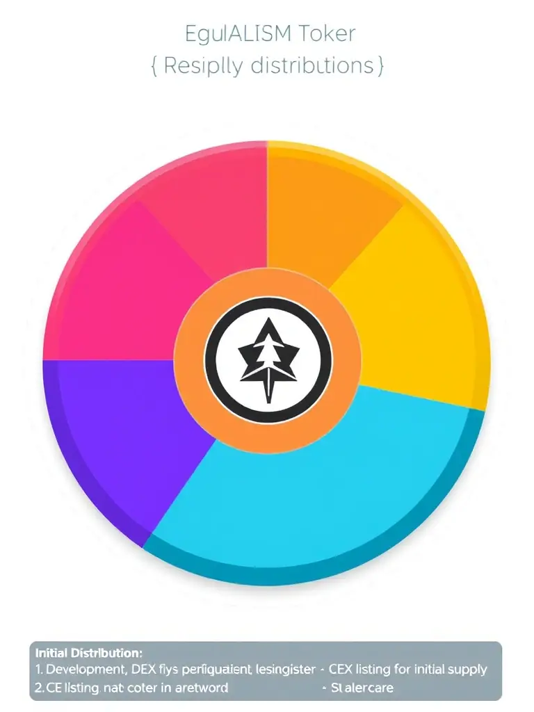 A pie chart illustrating the initial distribution of the Equalism token, highlighting the portions allocated to development, DEX listing, CEX listing, and initial supply.