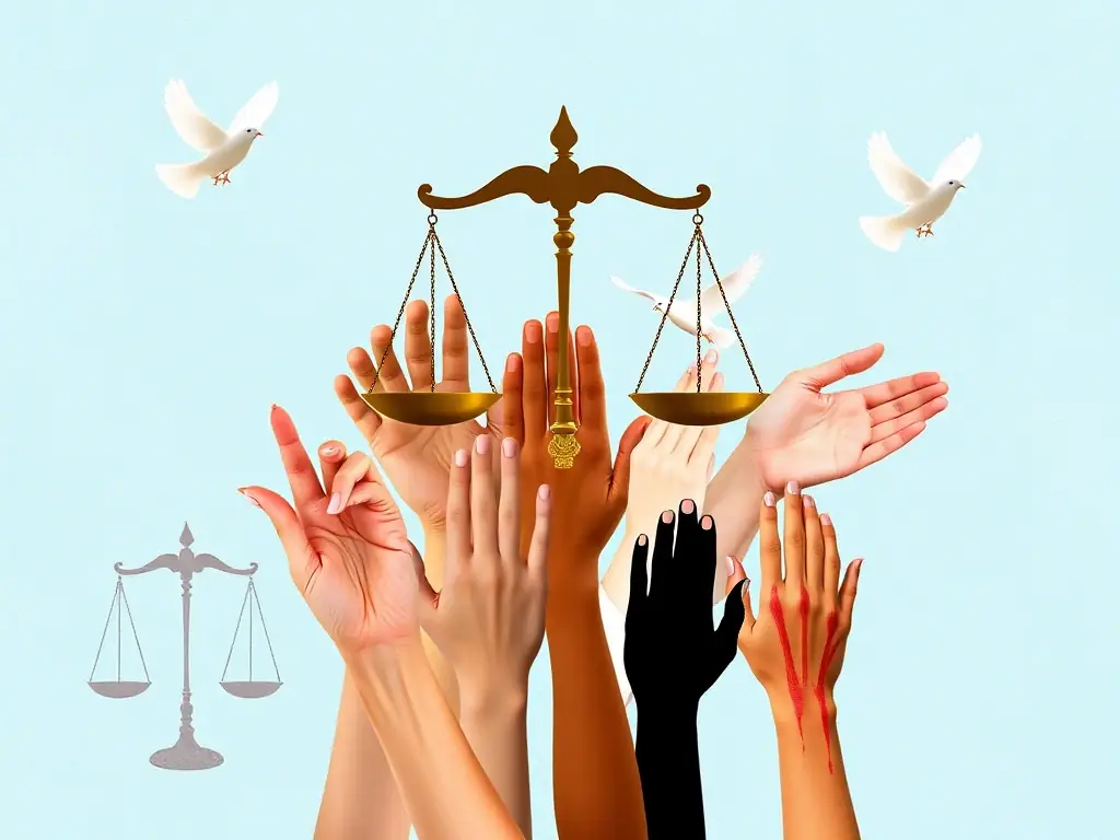 A digital collage featuring various symbols of equality and social justice, such as scales, doves, and hands reaching out to each other.