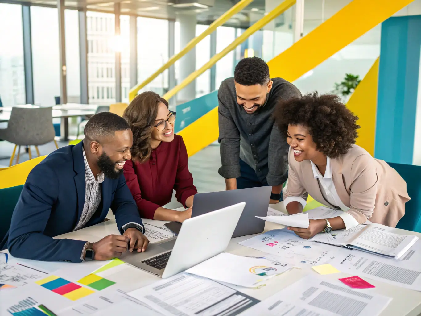 A digital artwork depicting a diverse group of people contributing ideas around a virtual table, symbolizing the community-driven creation of Equalism NFTs.