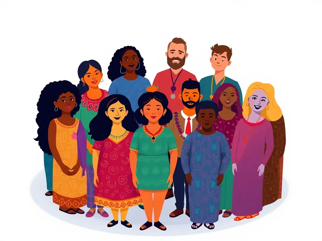 A vibrant digital artwork depicting a diverse group of people holding hands, symbolizing unity and equality. The artwork is stylized with a futuristic, crypto-art aesthetic.